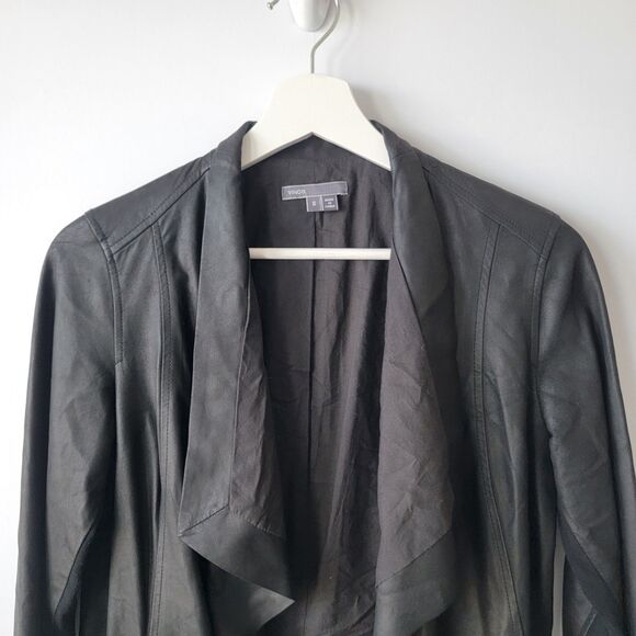 Vince Women's Genuine Leather Open Draped Front  Collar Jacket size S in black - Picture 3 of 7